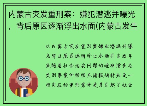 内蒙古突发重刑案：嫌犯潜逃并曝光，背后原因逐渐浮出水面(内蒙古发生重大刑案 38岁嫌犯照片被曝光)