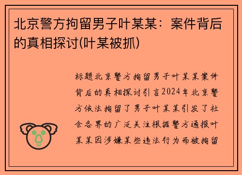 北京警方拘留男子叶某某：案件背后的真相探讨(叶某被抓)