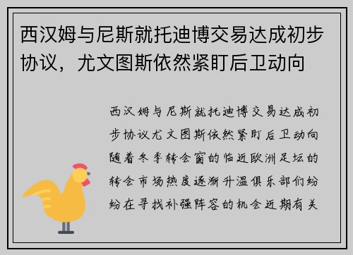 西汉姆与尼斯就托迪博交易达成初步协议，尤文图斯依然紧盯后卫动向