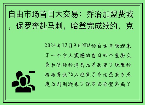 自由市场首日大交易：乔治加盟费城，保罗奔赴马刺，哈登完成续约，克莱宣布离队