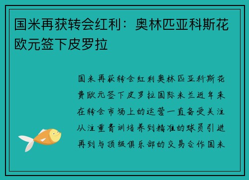 国米再获转会红利：奥林匹亚科斯花欧元签下皮罗拉