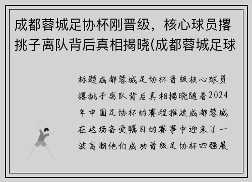 成都蓉城足协杯刚晋级，核心球员撂挑子离队背后真相揭晓(成都蓉城足球俱乐部引援)