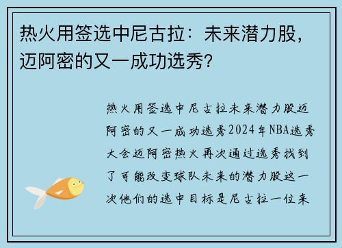 热火用签选中尼古拉：未来潜力股，迈阿密的又一成功选秀？