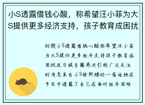 小S透露借钱心酸，称希望汪小菲为大S提供更多经济支持，孩子教育成困扰